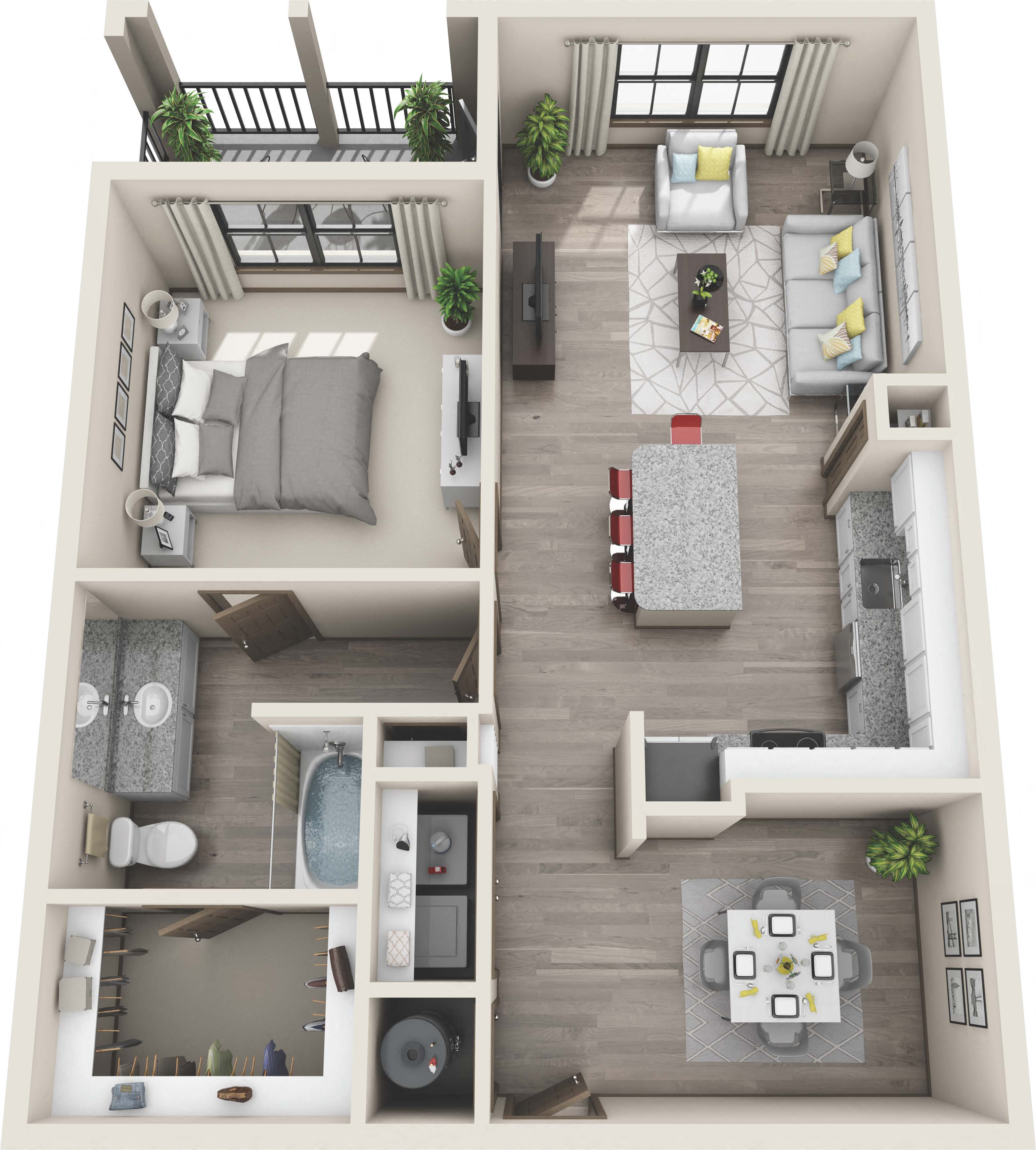 Floor plan for 1 bed, 1 bath, 905 sqft